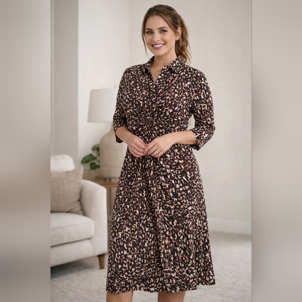 3/4 Sleeve Abstract Brown Dress - NWT